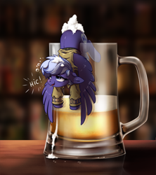 Size: 1329x1500 | Tagged: safe, artist:28gooddays, imported from derpibooru, oc, oc only, oc:night sky, pegasus, pony, alcohol, beer, beer mug, clothes, coat, commission, cup of pony, cute, drunk, female, foam, hiccups, mare, micro, pegasus oc, solo, straw in mouth, wings, ych result