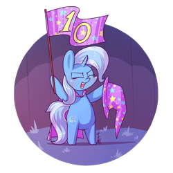 Size: 2016x2016 | Tagged: safe, artist:dsp2003, imported from derpibooru, trixie, pony, unicorn, 10, bipedal, cape, chibi, chubby, clothes, cute, diatrixes, eyes closed, female, flag waving, happy birthday mlp:fim, hat, high res, holding a flag, hoof hold, mare, mlp fim's tenth anniversary, open mouth, simple background, solo, transparent background, trixie's cape, trixie's hat