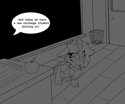 Size: 2174x1816 | Tagged: safe, artist:lockheart, imported from derpibooru, oc, oc only, oc:firewood, kirin, apple, bag, chalkboard, classroom, cloven hooves, desk, dialogue, door, exchange student, food, indoors, offscreen character, paper, pencil, raised hoof, saddle bag, solo, speech bubble, student, trash can