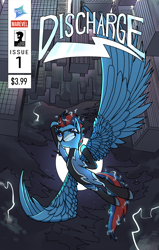 Size: 2100x3300 | Tagged: safe, artist:jodthecod, imported from derpibooru, oc, oc only, oc:andrew swiftwing, pegasus, pony, city, cityscape, clothes, cloud, comic, comic cover, costume, discharge, electricity, lightning, mask, moon, sky, solo, superhero, thunder