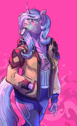 Size: 3189x5197 | Tagged: safe, artist:sourcherry, idw, imported from derpibooru, radiant hope, anthro, unicorn, boob window, chest fluff, clothes, curly hair, curly mane, cyberpunk, mask, solo