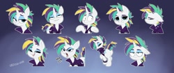 Size: 1280x541 | Tagged: safe, artist:zazush-una, imported from derpibooru, rarity, pony, unicorn, alternate hairstyle, bust, expressions, female, floppy ears, lidded eyes, mare, open mouth, portrait, punk, raripunk, rarity is not amused, solo, sticker, unamused