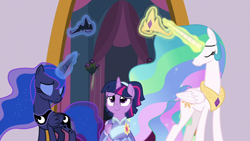 Size: 1920x1080 | Tagged: safe, imported from derpibooru, screencap, princess celestia, princess luna, twilight sparkle, alicorn, pony, the last problem, clothes, coronation dress, crown, dress, glowing horn, horn, jewelry, magic, magic aura, proud, regalia, second coronation dress, twilight sparkle (alicorn)