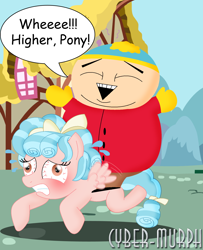 Size: 1458x1793 | Tagged: safe, artist:cyber-murph, imported from derpibooru, cozy glow, human, pegasus, pony, bloodshot eyes, bow, cozybuse, crossover, crushing, cursed image, eric cartman, fate worse than death, female, filly, flying, gritted teeth, humans riding ponies, male, ponyville, quote, riding, riding a pony, signature, south park, straining, this will end in pain, why