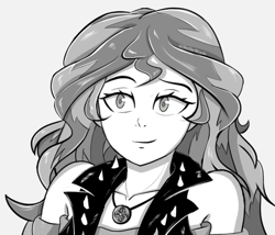 Size: 2076x1774 | Tagged: safe, artist:stellarwools, imported from derpibooru, sunset shimmer, human, equestria girls, equestria girls series, black and white, clothes, female, geode of empathy, grayscale, magical geodes, monochrome, simple background, solo