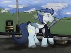 Size: 1280x961 | Tagged: safe, artist:lil_vampirecj, artist:wembler2, edit, imported from derpibooru, soarin', pegasus, pony, comic:mlp project, alternative universe, art, backwards cutie mark, clothes, countryside, england, jacket, krita, male, old cutie mark, stallion, street, unshorn fetlocks