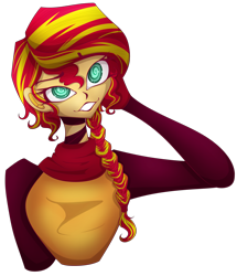 Size: 2161x2510 | Tagged: safe, artist:mywasasi, imported from derpibooru, sunset shimmer, equestria girls, braided ponytail, choker, clothes, scarf, simple background, smiling, solo, swirly eyes, transparent background