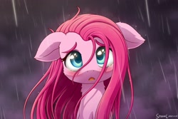 Size: 2400x1600 | Tagged: safe, artist:symbianl, imported from derpibooru, pinkie pie, earth pony, pony, :<, blushing, bust, cheek fluff, cloud, colored pupils, crying, cute, cuteamena, diapinkes, ear fluff, female, floppy ears, fluffy, front view, full face view, looking at you, mare, neck fluff, open mouth, outdoors, pinkamena diane pie, rain, sad, sadorable, solo, stray strand, teary eyes, wet, wet mane