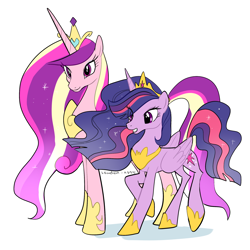 Size: 2000x2000 | Tagged: safe, artist:haden-2375, imported from derpibooru, princess cadance, twilight sparkle, alicorn, pony, the last problem, comparison, crown, duo, duo female, female, height difference, high res, hoof shoes, jewelry, older, older princess cadance, older twilight, princess twilight 2.0, regalia, simple background, sisters-in-law, slim, thin, twilight sparkle (alicorn), white background