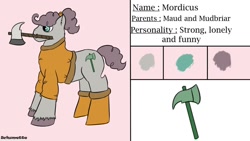 Size: 1280x720 | Tagged: safe, artist:schumette14, imported from derpibooru, oc, oc:mordicus, earth pony, pony, ax, axe, axman, mouth hold, next generation, offspring, parent:maud pie, parent:mud briar, parents:maudbriar, weapon