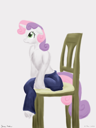 Size: 1800x2400 | Tagged: safe, artist:rockhoppr3, imported from derpibooru, sweetie belle, anthro, semi-anthro, unguligrade anthro, unicorn, arm hooves, chair, chest fluff, clothes, floppy ears, pajamas, pants, partial nudity, shoulder fluff, solo, topless, unshorn fetlocks