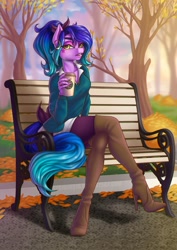 Size: 1920x2716 | Tagged: safe, artist:str1ker878, imported from derpibooru, oc, oc only, oc:neon retrowave, oc:neon synthwave, anthro, earth pony, autumn, bench, boots, clothes, coffee, crossed legs, earth pony oc, high heel boots, high heels, palindrome get, shoes, sitting, socks, solo, thigh boots, thigh highs