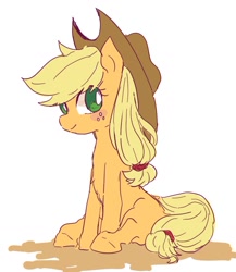 Size: 900x1039 | Tagged: safe, artist:nota_mano, imported from derpibooru, applejack, earth pony, pony, chest fluff, female, mare, no pupils, simple background, sitting, solo, white background