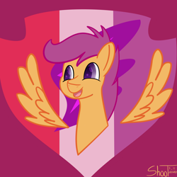 Size: 2000x2000 | Tagged: safe, artist:shooting star, imported from derpibooru, scootaloo, pegasus, pony, bust, canon, happy, portrait, smiling, solo, wings