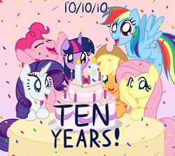Size: 2250x2000 | Tagged: safe, artist:nitei, imported from derpibooru, applejack, fluttershy, pinkie pie, rainbow dash, rarity, twilight sparkle, earth pony, pegasus, pony, unicorn, 10, cake, candle, confetti, flying, food, jumping, looking at you, mane six, mlp fim's tenth anniversary, show accurate, strawberry, waving