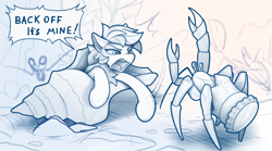 Size: 2000x1113 | Tagged: safe, artist:yakovlev-vad, imported from derpibooru, oc, crab, pony, angry, hermit crab, micro, seashell, tiny, tiny ponies