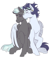 Size: 2500x2700 | Tagged: safe, artist:kikirdcz, imported from derpibooru, soarin', thunderlane, pegasus, pony, commission, eyes closed, gay, goggles, hug, male, one eye closed, raised hoof, shipping, simple background, sitting, soarilane, stallion, transparent background, winghug