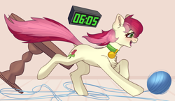 Size: 3000x1740 | Tagged: safe, artist:chibadeer, imported from derpibooru, roseluck, earth pony, pony, behaving like a cat, collar, commissioner:doom9454, cute, female, fluffy, mare, pet tag, pony pet, rosepet, running, solo, yarn, yarn ball