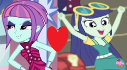 Size: 1822x1014 | Tagged: safe, edit, edited screencap, imported from derpibooru, screencap, blueberry cake, sunny flare, dance magic, equestria girls, spoiler:eqg specials, female, heart, lesbian, shipping, shipping domino, sunnycake, sunnyflare