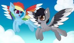 Size: 7774x4551 | Tagged: safe, artist:windy-pony, artist:windykirin, imported from derpibooru, rainbow dash, oc, oc:moon ray, pegasus, pony, absurd resolution, cloud, colored wings, duo, female, flying, glasses, male, mare, multicolored wings, stallion, wings