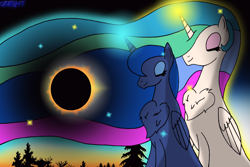 Size: 2300x1533 | Tagged: safe, artist:qnight, artist:qnighter, imported from derpibooru, princess celestia, princess luna, alicorn, pony, chest fluff, eclipse, ethereal mane, eyes closed, female, magic, royal sisters, siblings, sisters, smiling