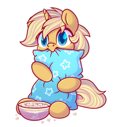 Size: 865x924 | Tagged: safe, artist:musicfirewind, artist:wavecipher, imported from derpibooru, oc, oc only, oc:sunlight bolt, pony, unicorn, biting, bowl, commission, food, hug, male, pillow, pillow hug, popcorn, scared, simple background, solo, stallion, transparent background, ych result