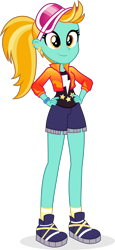 Size: 2526x5507 | Tagged: safe, artist:punzil504, imported from derpibooru, lightning dust, equestria girls, absurd resolution, alternate hairstyle, boots, clothes, clothes swap, equestria girls-ified, female, hand on hip, hands on hip, high res, jacket, ponytail, shoes, shorts, simple background, smiling, socks, solo, tanktop, transparent background, visor