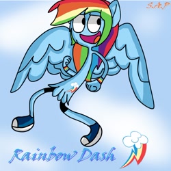 Size: 512x513 | Tagged: safe, artist:sweetapplerain, imported from derpibooru, rainbow dash, alien, pegasus, pony, clothes, cloud, converse, crossover, cutie mark, shoes, sky, solo, wander over yonder