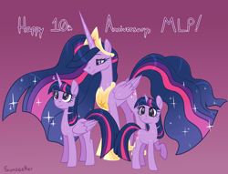 Size: 3908x2980 | Tagged: safe, artist:moonseeker, imported from derpibooru, twilight sparkle, alicorn, pony, unicorn, the last problem, 10, crown, gradient background, jewelry, mlp fim's tenth anniversary, older, older twilight, peytral, princess twilight 2.0, regalia, self ponidox, time paradox, triality, twilight sparkle (alicorn), unicorn twilight