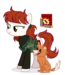 Size: 2000x2300 | Tagged: safe, artist:deko4ka, imported from derpibooru, oc, oc only, oc:open season, oc:valance (dog), dog, earth pony, pony, clothes, duo, female, freckles, hunter, jacket, mare, open mouth, simple background, solo, sweater, tongue out, white background