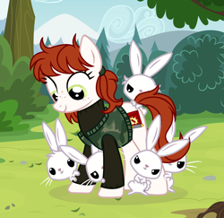 Size: 1846x1793 | Tagged: safe, artist:deko4ka, imported from derpibooru, oc, oc only, oc:open season, earth pony, pony, rabbit, animal, bush, clothes, female, freckles, hunter, jacket, mare, solo, sweater, tree