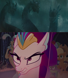 Size: 1182x1358 | Tagged: safe, edit, edited screencap, imported from derpibooru, screencap, applejack, queen novo, spike, my little pony: the movie, comic, comparison, crossover, furious, godzilla (series), godzilla: king of the monsters 2019, king ghidorah, monsterverse, queen novo is not amused, screencap comic