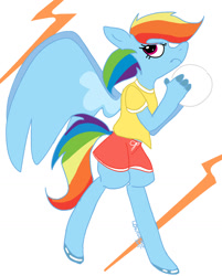 Size: 1195x1488 | Tagged: safe, artist:lowname, imported from derpibooru, rainbow dash, anthro, pegasus, unguligrade anthro, abstract background, ball, blue fur, blue wings, clothes, female, flying, frown, gym shorts, hoof polish, multicolored mane, multicolored tail, pink eyes, rainbow tail, shirt, shorts, solo, solo female, t-shirt, tomboy