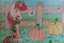 Size: 1180x800 | Tagged: safe, artist:emilz-the-half-demon, imported from derpibooru, oc, oc:pyre quill, unicorn, pumpkin, traditional art