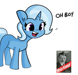 Size: 2250x2184 | Tagged: safe, artist:tjpones, edit, imported from derpibooru, trixie, pony, unicorn, adolf hitler, book, caption, evil, exploitable meme, image macro, mein kampf, meme, nazi, oh boy, simple background, text, this will end in genocide, this will not end well