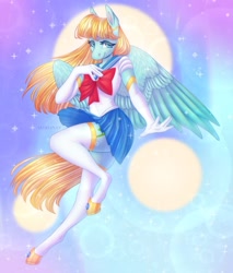 Size: 900x1057 | Tagged: safe, artist:sadelinav, imported from derpibooru, helia, anthro, pegasus, unguligrade anthro, clothes, sailor moon, socks, solo, stockings, thigh highs