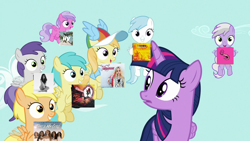 Size: 1280x720 | Tagged: safe, edit, edited screencap, screencap, cotton cloudy, mango dash, noi, pinkie feather, rainy feather, sweet pop, tornado bolt, twilight sparkle, alicorn, pegasus, pony, fame and misfortune, album, ariana grande, avril lavigne, emilee, female, fifth harmony, filly, flamingo (song), girlfriend (song), hands to myself, hanson, hurricane storm, ily (i love you baby), kero kero bonito, lady gaga, mare, mmmbop, rain on me, selena gomez, surf mesa, that's my girl, twisty doo