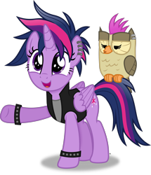 Size: 3191x3718 | Tagged: safe, artist:anime-equestria, imported from derpibooru, owlowiscious, twilight sparkle, alicorn, bird, owl, pony, alternate hairstyle, clothes, cute, duo, ear piercing, female, grumpy, happy, hoofband, horn, jacket, mare, mohawk, pet, piercing, punk, punklight sparkle, simple background, studded bracelet, transparent background, twiabetes, twilight sparkle (alicorn), vector, vest, wings