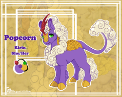 Size: 3612x2876 | Tagged: safe, artist:magnetichollow, imported from derpibooru, oc, oc only, oc:popcorn the kirin, kirin, cloven hooves, colored, curly mane, kirin oc, reference, reference sheet, scales, solo