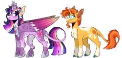 Size: 2996x1424 | Tagged: safe, artist:wanderingpegasus, imported from derpibooru, sunburst, twilight sparkle, alicorn, classical unicorn, pony, unicorn, alternate hairstyle, blushing, chest fluff, cloven hooves, crown, ear fluff, facial hair, female, freckles, glasses, goatee, grin, horn, horn ring, jewelry, leg fluff, leonine tail, male, mare, markings, redesign, regalia, ring, shipping, simple background, smiling, stallion, straight, transparent background, twiburst, twilight sparkle (alicorn), unshorn fetlocks