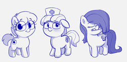 Size: 2092x1028 | Tagged: safe, artist:heretichesh, imported from derpibooru, oc, oc only, pony, big eyes, blushing, eye, female, filly, heart, i love you, joke, joke oc, looking at you, nurse, pencil, pun, smug, stare, trio, visual pun