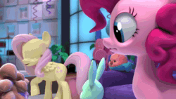 Size: 1920x1080 | Tagged: safe, imported from derpibooru, screencap, fluttershy, pinkie pie, bird, dog, earth pony, hedgehog, pony, rabbit, hello pinkie pie, 3d, animal, animated, couch, fart, female, mare, pillow, sound, tongue out, webm