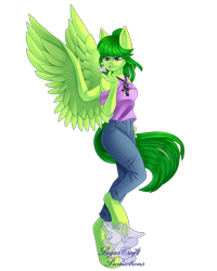 Size: 768x960 | Tagged: safe, artist:lilac blaze, imported from derpibooru, oc, oc only, oc:midori kuroba, anthro, pegasus, unguligrade anthro, ankh, blowing a kiss, clothes, colored, egyptian, egyptian pony, female, freckles, jeans, pants, simple background, socks, solo, striped socks, transparent background
