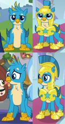 Size: 600x1141 | Tagged: safe, edit, edited screencap, imported from derpibooru, screencap, gallus, silverstream, yona, griffon, yak, non-compete clause, the hearth's warming club, the last problem, armor, comparison, male, older, older gallus, royal guard, royal guard armor, royal guard gallus