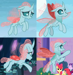 Size: 440x450 | Tagged: safe, edit, imported from derpibooru, screencap, apple bloom, ocellus, starlight glimmer, changedling, changeling, school raze, the last problem, uprooted, butt, comparison, cutie mark, female, older, older ocellus, plot, the cmc's cutie marks