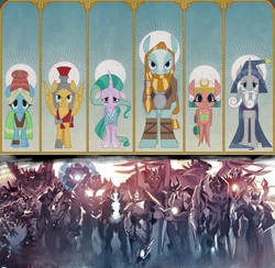 Size: 1023x1000 | Tagged: safe, edit, edited screencap, imported from derpibooru, screencap, flash magnus, meadowbrook, mistmane, rockhoof, somnambula, star swirl the bearded, earth pony, pegasus, unicorn, alchemist prime, alpha trion, autonomous maximus, comparison, epistemus, flashback, liege maximo, logos prime, male, megatronus prime, micronus prime, nexus prime, onyx prime, pillars of equestria, prima, solomus, solus prime, the fallen, thirteen primes, transformers, vector prime