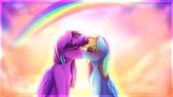 Size: 3840x2160 | Tagged: safe, artist:aaa-its-spook, imported from derpibooru, rainbow dash, twilight sparkle, alicorn, pony, blushing, cloud, ear piercing, earring, eyes closed, feather, female, jewelry, kissing, lesbian, piercing, rainbow, shipping, sky, twidash, twilight sparkle (alicorn)