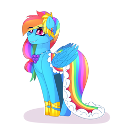 Size: 1836x1989 | Tagged: safe, artist:aaa-its-spook, imported from derpibooru, rainbow dash, pegasus, pony, clothes, dignified wear, dress, eyebrows, eyebrows visible through hair, gala dress, rainbow dash always dresses in style, simple background, smiling, solo, white background