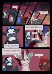 Size: 1600x2291 | Tagged: safe, artist:tillie-tmb, imported from derpibooru, oc, oc:blackberry, oc:captain silver strut, oc:narcisse pavo, pegasus, unicorn, comic:the amulet of shades, airship, comic, magic