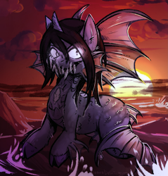 Size: 1335x1395 | Tagged: safe, alternate version, artist:lonerdemiurge_nail, imported from derpibooru, pony, siren, cloven hooves, commission, curved horn, fangs, fins, fish tail, horn, jewelry, kellin quinn, male, ocean, ponified, rock, scales, sleeping with sirens, slit eyes, slit pupils, solo, sunset, water, ych result